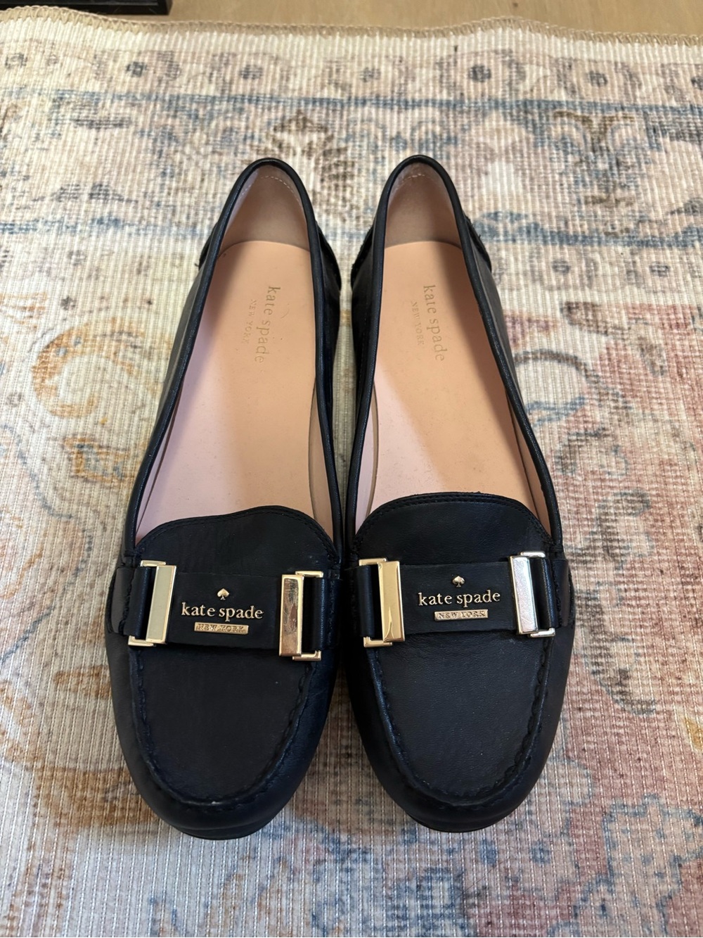 kate spade Black Leather Loafers with Gold Accent Buckles